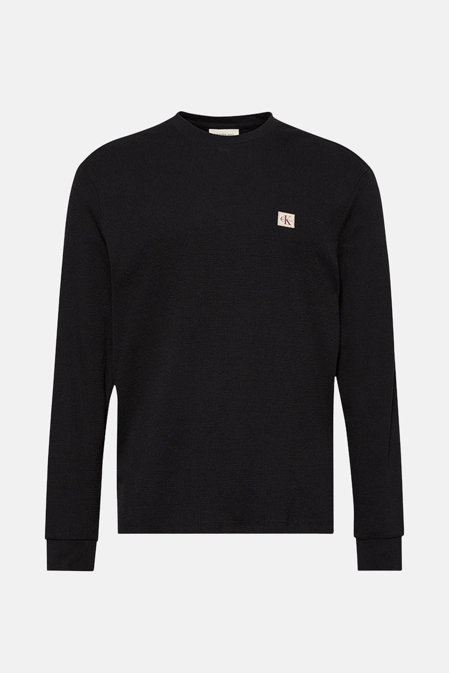 Zwart T-shirt met lange mouwen van Calvin Klein met een gewafeld textuurpatroon en een vierkant logo op de borst.