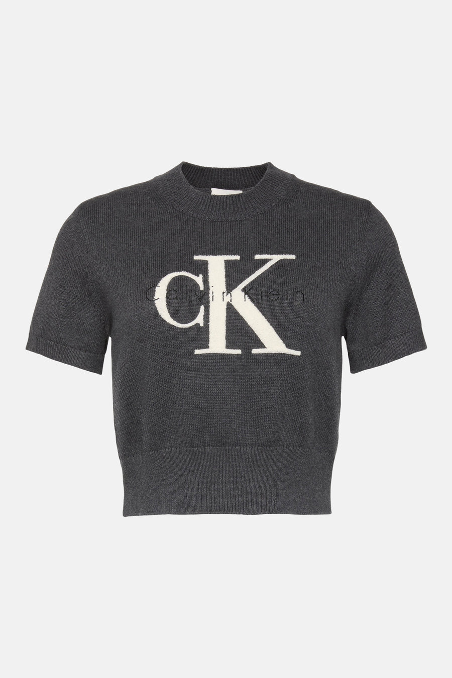 Pull à col rond gris de Calvin Klein avec un logo "CK" en lettres blanches sur le devant.