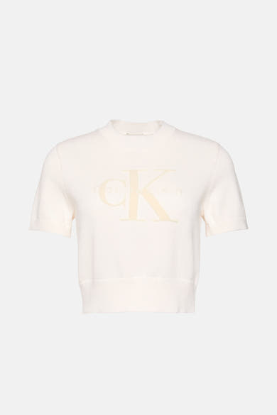 Pull à col rond écru de Calvin Klein, orné d'un grand logo en ton sur ton sur le devant.