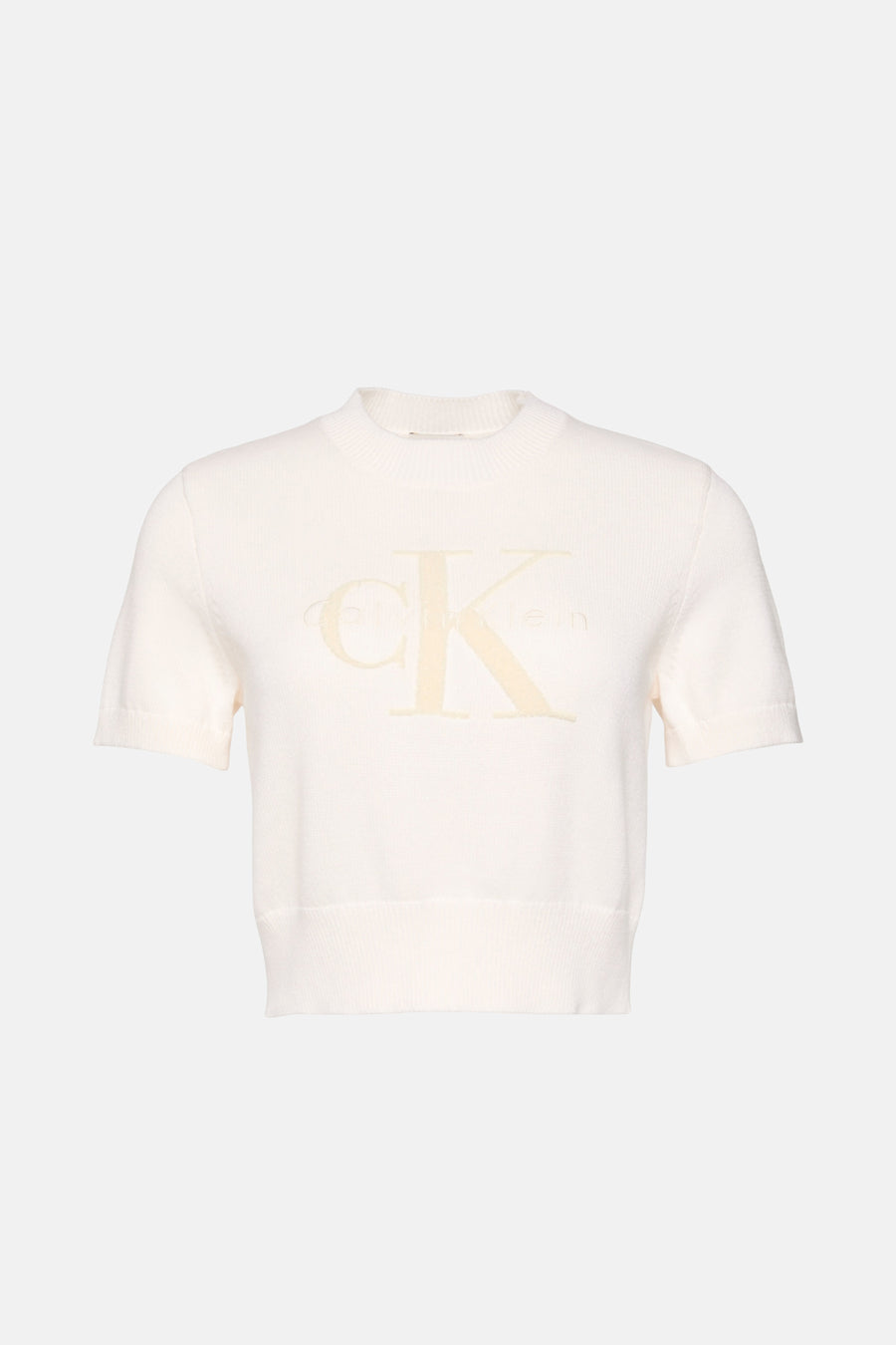 Pull à col rond écru de Calvin Klein, orné d'un grand logo en ton sur ton sur le devant.