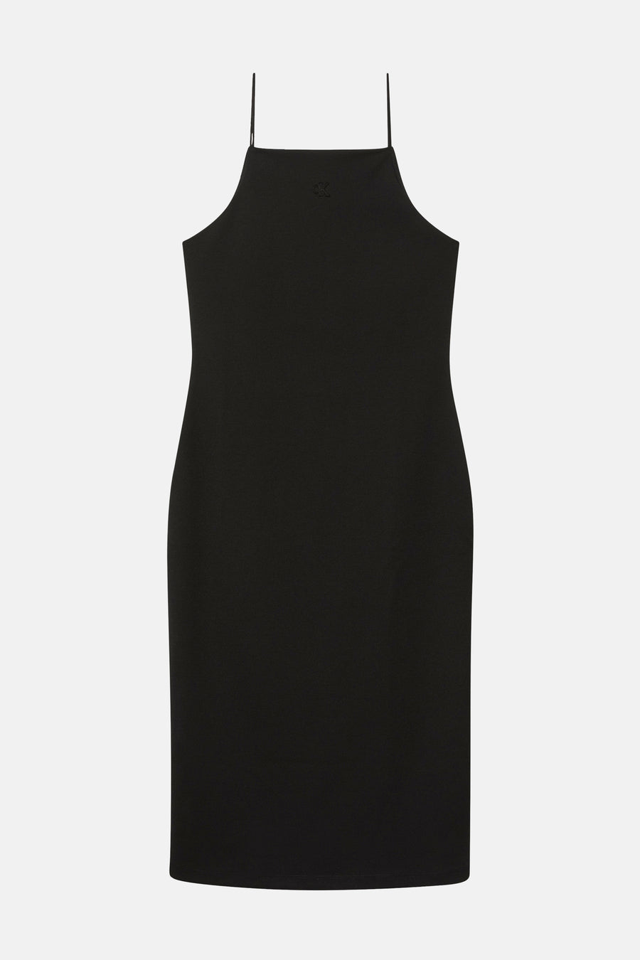 Robe noire de Calvin Klein avec fines bretelles et coupe moulante arrivant au genou.