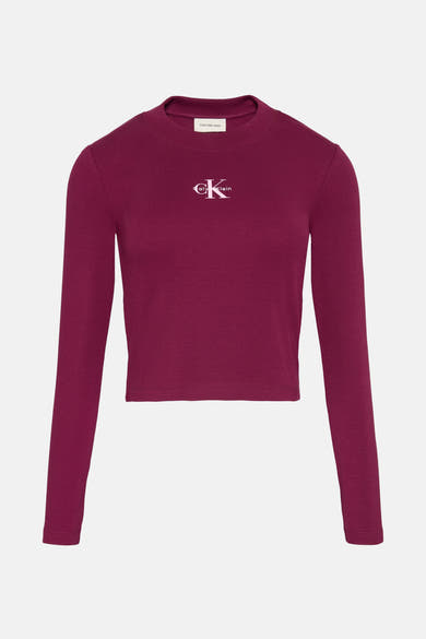 Bordeaux T-shirt met lange mouwen van Calvin Klein, in ribgebreide stof met monogramlogo op de borst.