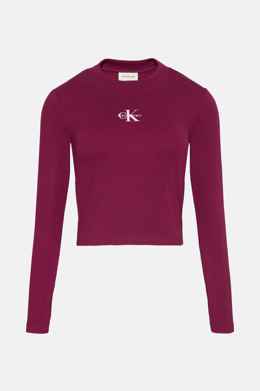 Bordeaux T-shirt met lange mouwen van Calvin Klein, in ribgebreide stof met monogramlogo op de borst.