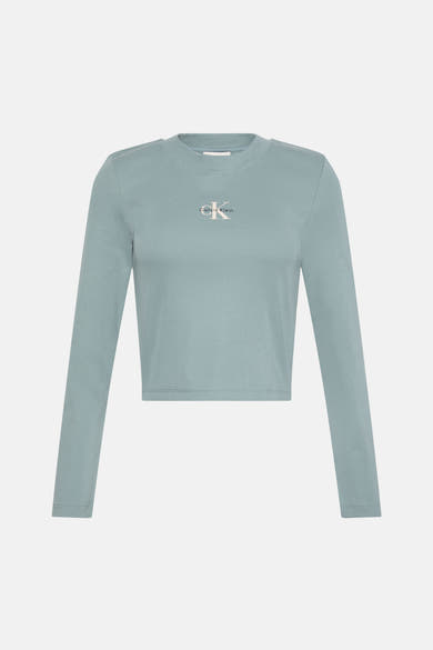 Groen T-shirt met lange mouwen van Calvin Klein, met geribbelde textuur, korte pasvorm en CK-logo op de borst.