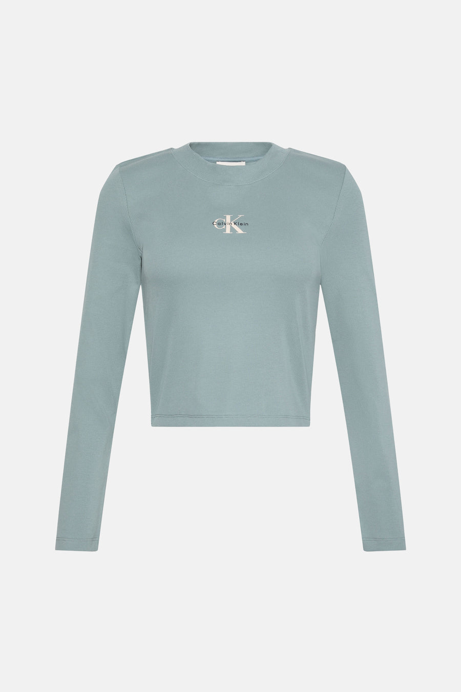 Groen T-shirt met lange mouwen van Calvin Klein, met geribbelde textuur, korte pasvorm en CK-logo op de borst.