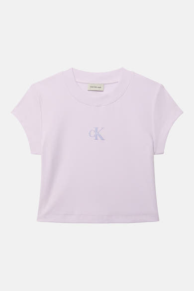 Paars T-shirt met korte mouwen van Calvin Klein, in geribbelde stof met een discreet logo op de voorkant.