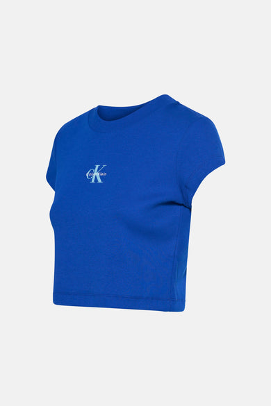 Blauw T-shirt met korte mouwen van Calvin Klein, in geribbelde stof met logo op de voorkant.