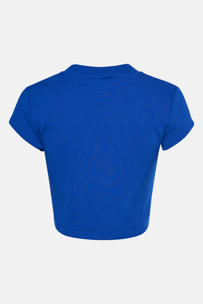 Blauwe T-shirt met korte mouwen van Calvin Klein in ribgebreide stof, achterzijde.