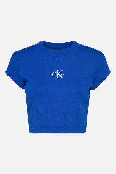 Blauw T-shirt met korte mouwen van Calvin Klein, in geribbelde stof met logo op de voorkant.