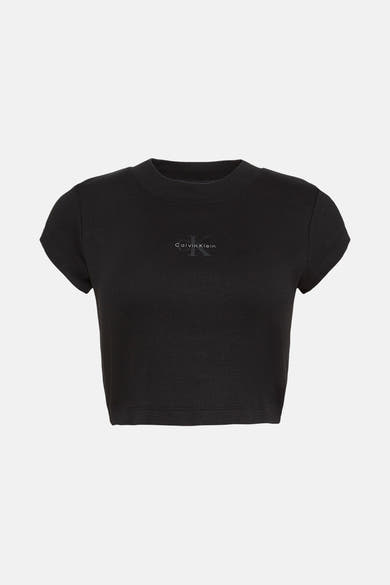 Zwart T-shirt met korte mouwen van Calvin Klein, in geribbelde stof met discreet logo.