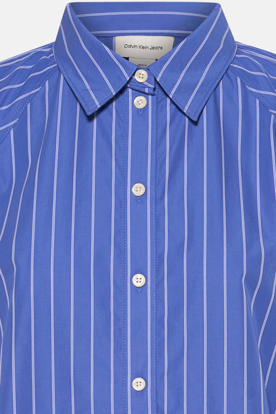 Chemisier à manches longues bleu à rayures, de Calvin Klein Jeans, avec col classique et patte de boutonnage.