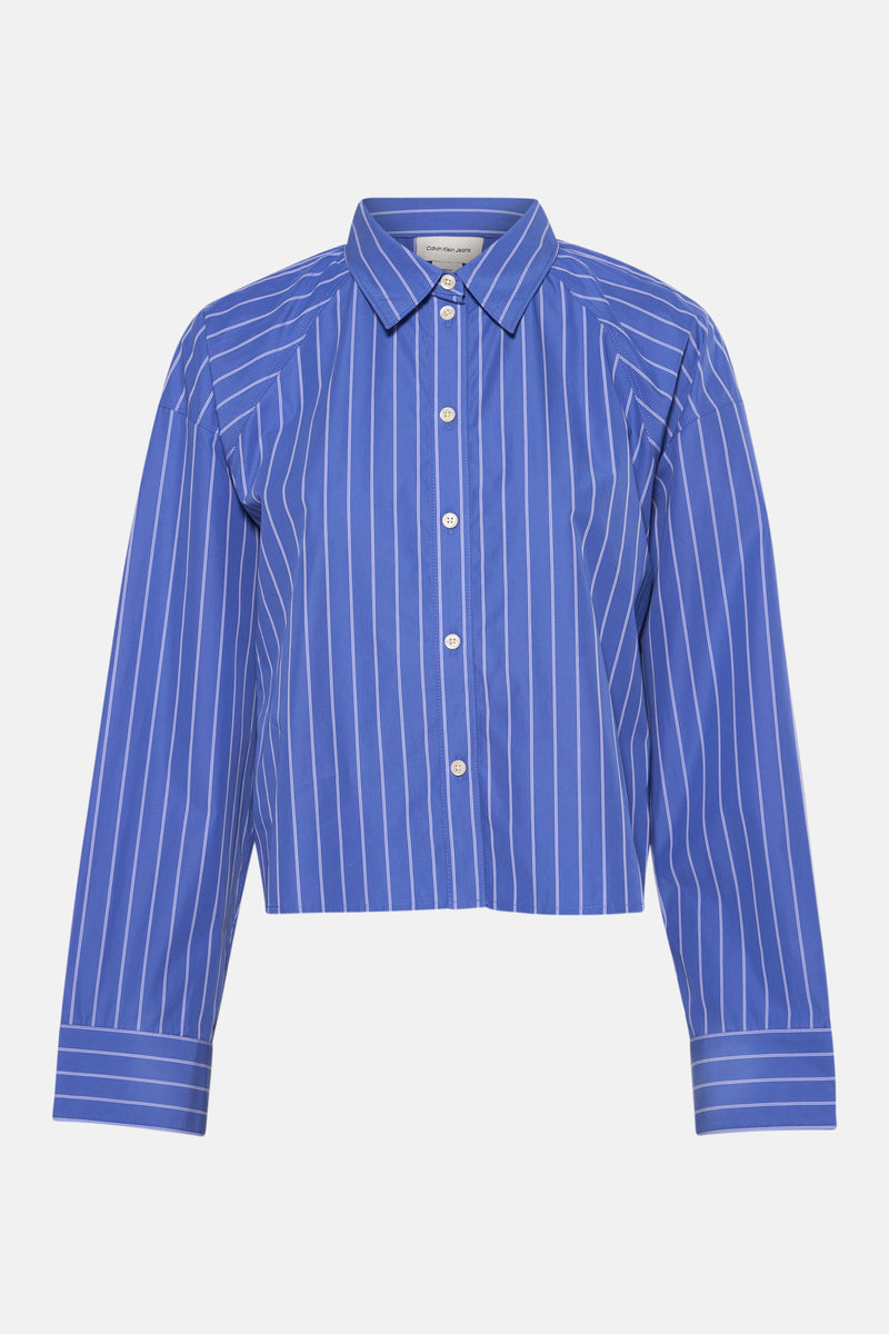 Chemise à manches longues bleue rayée de Calvin Klein Jeans, avec fermeture boutonnée et manches raglan.

