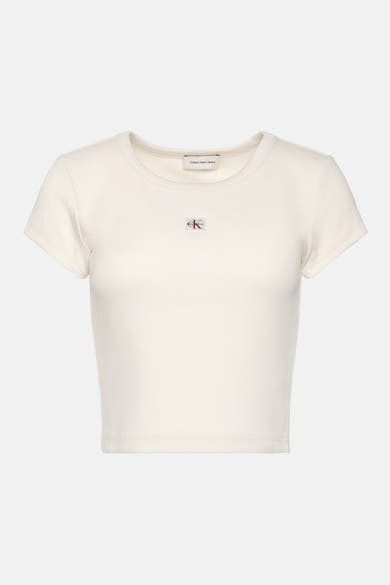 Ecru T-shirt met korte mouwen van Calvin Klein Jeans, van geribbelde jersey met een vierkant logo op de borst.