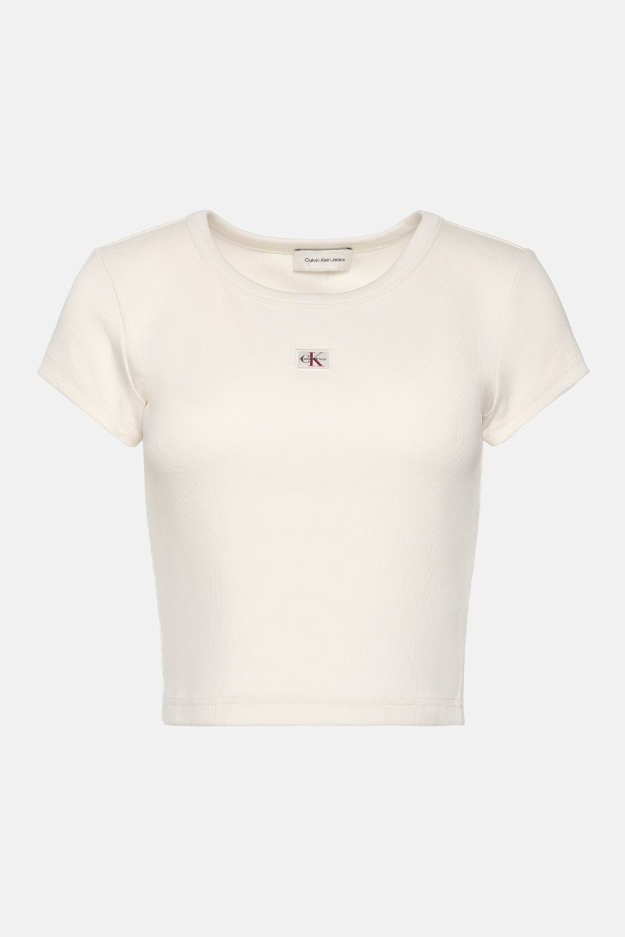 Ecru T-shirt met korte mouwen van Calvin Klein Jeans, van geribbelde jersey met een vierkant logo op de borst.