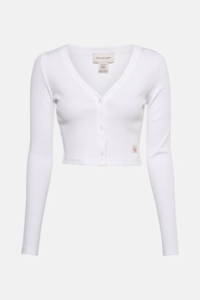 Wit T-shirt met lange mouwen van Calvin Klein, in ribgebreid materiaal, achterzijde.