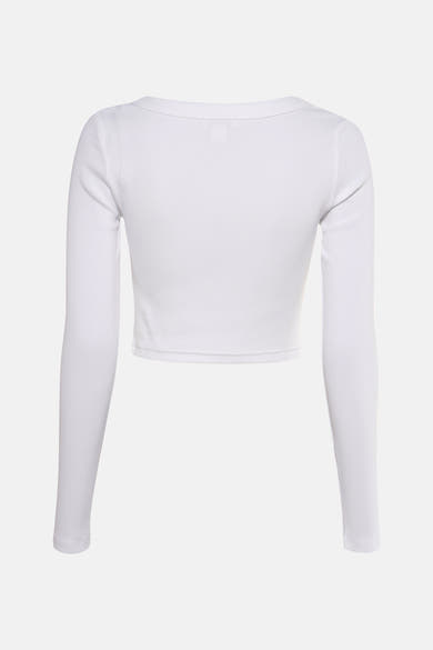 T-shirt blanc à manches longues de Calvin Klein, en maille côtelée, vue de dos.

