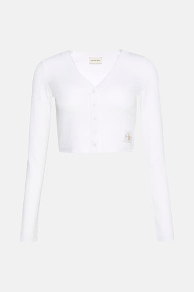 Wit Calvin Klein T-shirt met lange mouwen, knoopsluiting en discreet logo.