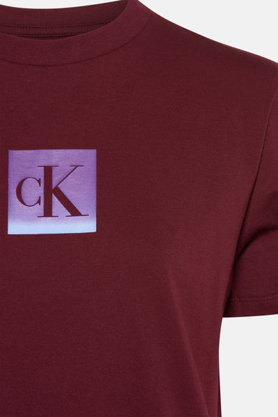 T-shirt rouge à manches courtes de Calvin Klein avec un logo carré imprimé.