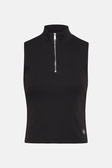 Top noir sans manches de Calvin Klein Jeans avec fermeture éclair et texture côtelée.