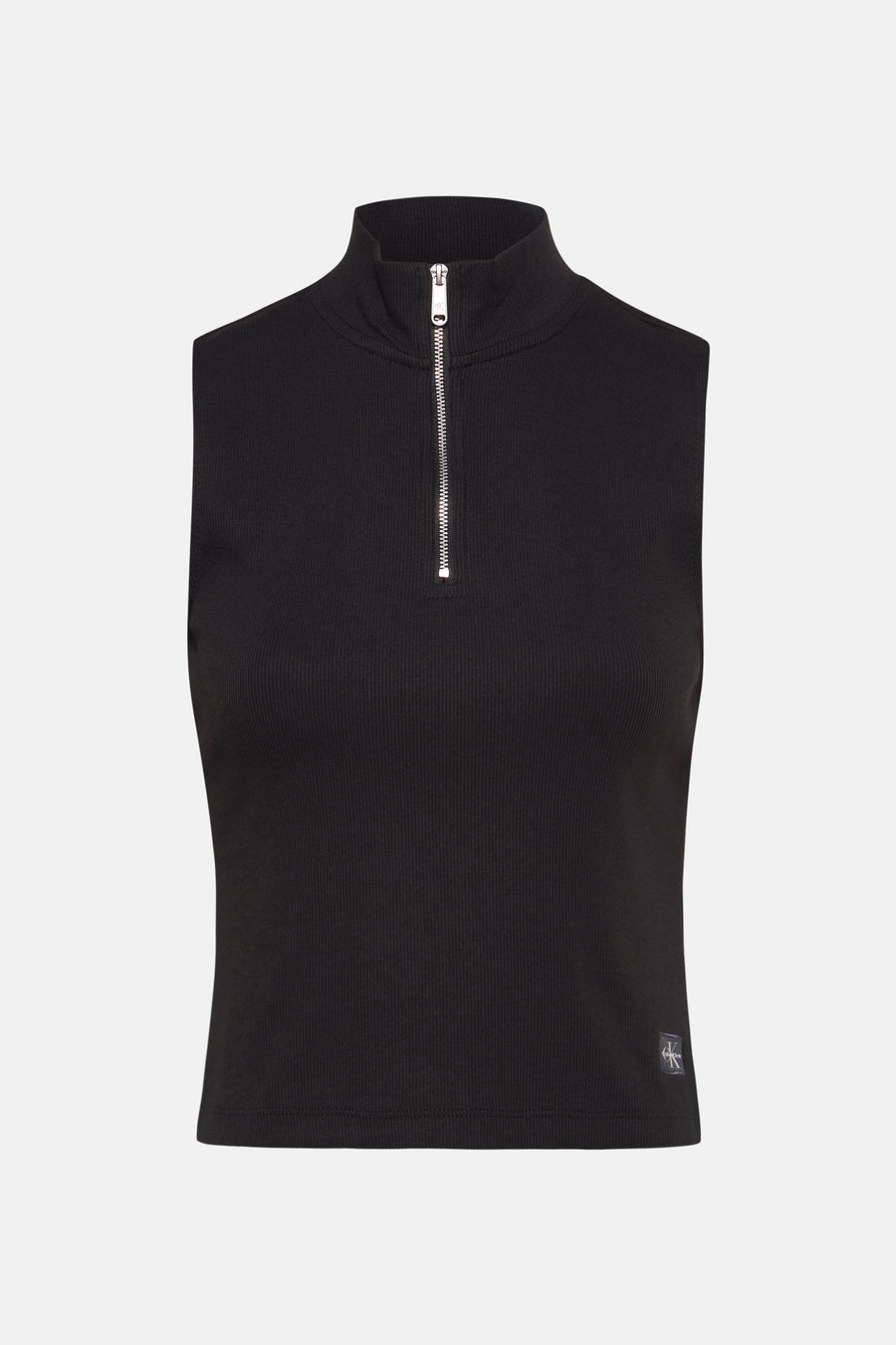 Top noir sans manches de Calvin Klein Jeans avec fermeture éclair et texture côtelée.