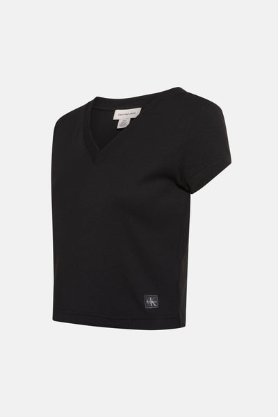 T-shirt noir à manches courtes de Calvin Klein Jeans, en maille côtelée, avec logo sur le bas.