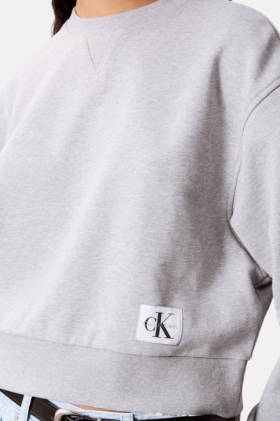 Sweat col rond gris de Calvin Klein, avec un logo sur le devant.
