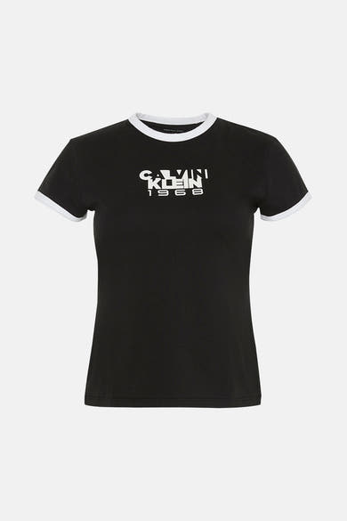 Effaatzwart T-shirt met korte mouwen van Calvin Klein, met witte afwerkingen aan de kraag en mouwen.