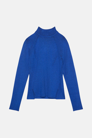 Pull bleu en maille de Calvin Klein avec col montant et manches longues.