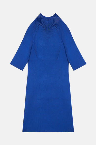 Blauwe geribbelde gebreide jurk van Calvin Klein, met driekwartmouwen en een rechte pasvorm.