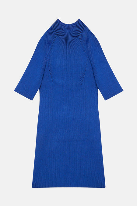 Blauwe geribbelde gebreide jurk van Calvin Klein, met driekwartmouwen en een rechte pasvorm.