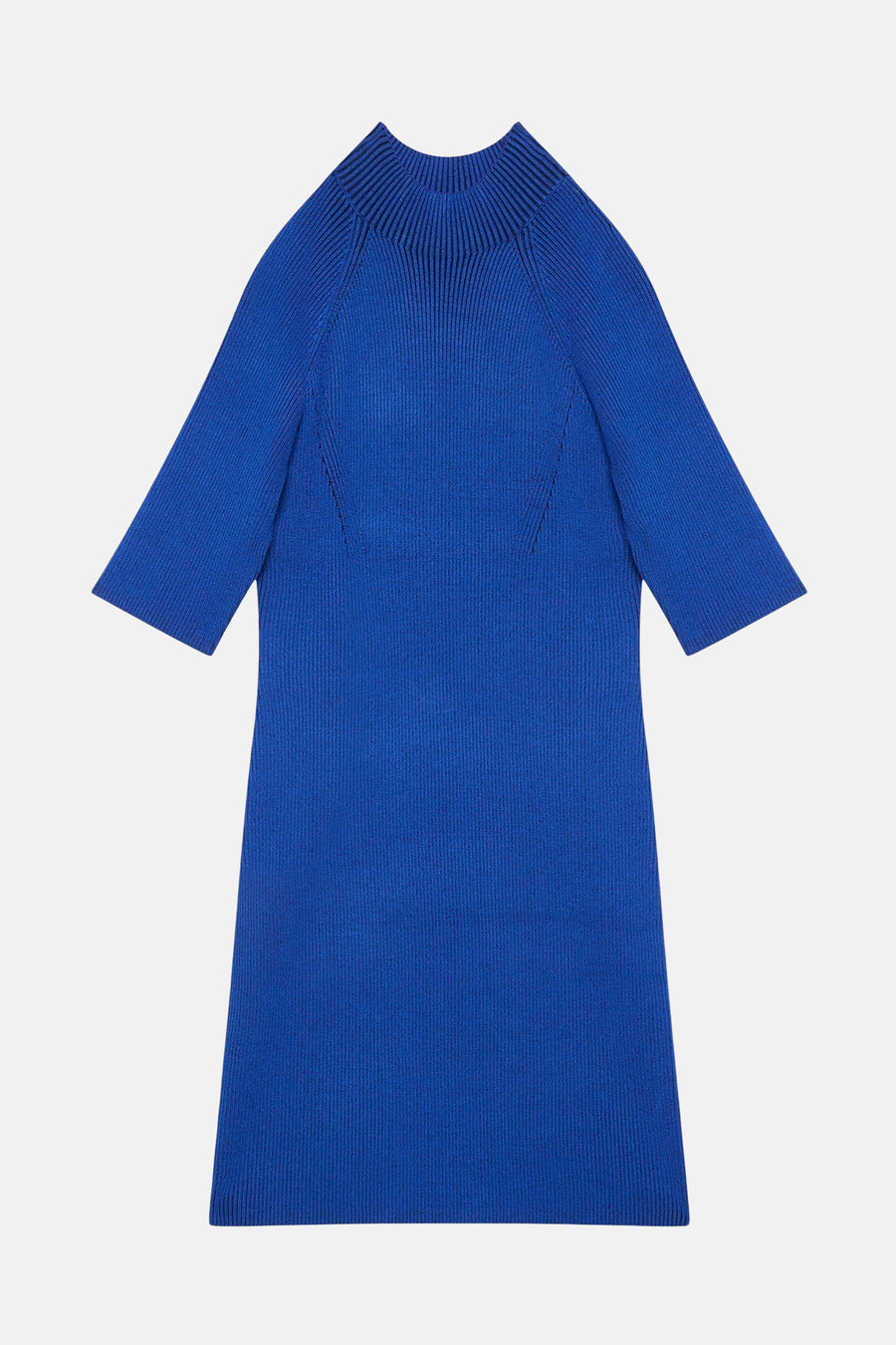 Blauwe geribbelde gebreide jurk van Calvin Klein, met driekwartmouwen en een rechte pasvorm.
