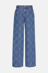 Jean droit en denim bleu moyen de Calvin Klein, avec un motif losange répété.