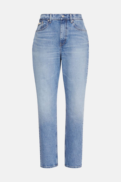 Jean mom en denim bleu moyen de Calvin Klein, avec une coupe droite.
