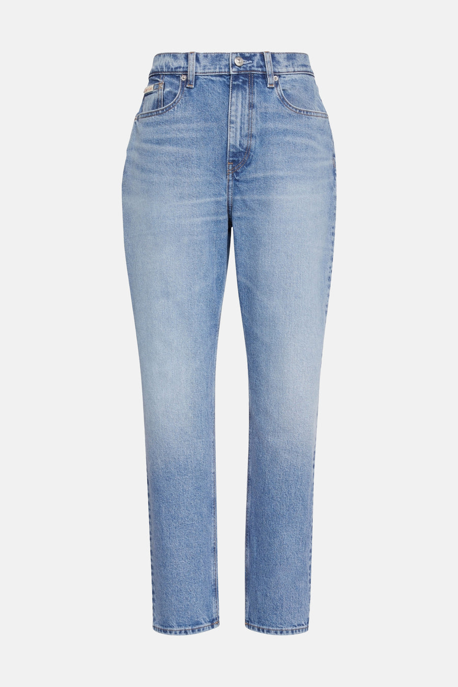 Jean mom en denim bleu moyen de Calvin Klein, avec une coupe droite.
