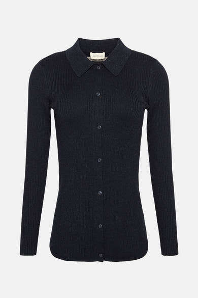 Blauwe geribbelde gebreide cardigan van Calvin Klein, met klassieke kraag en knoopsluiting aan de voorkant.