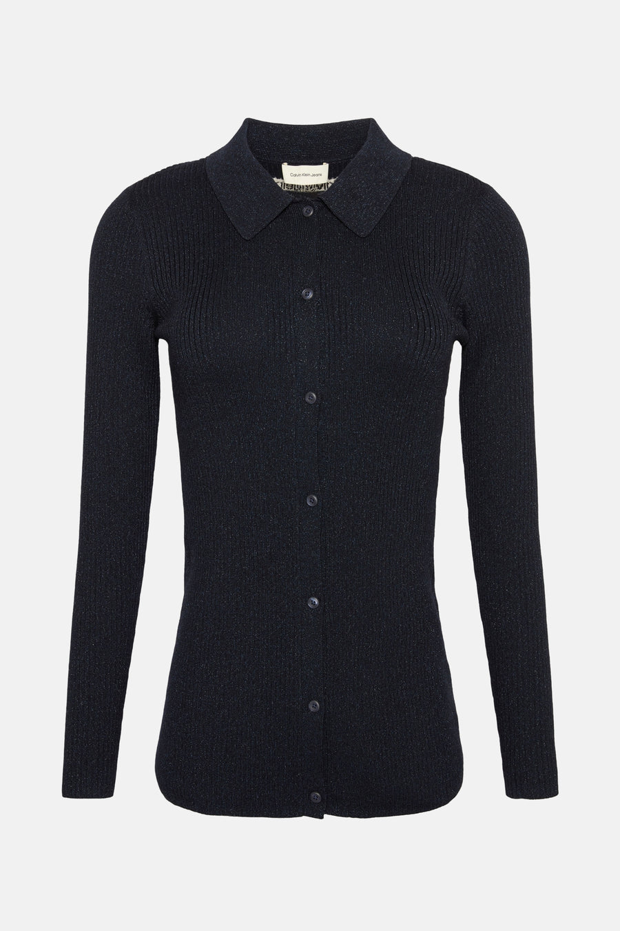 Blauwe geribbelde gebreide cardigan van Calvin Klein, met klassieke kraag en knoopsluiting aan de voorkant.