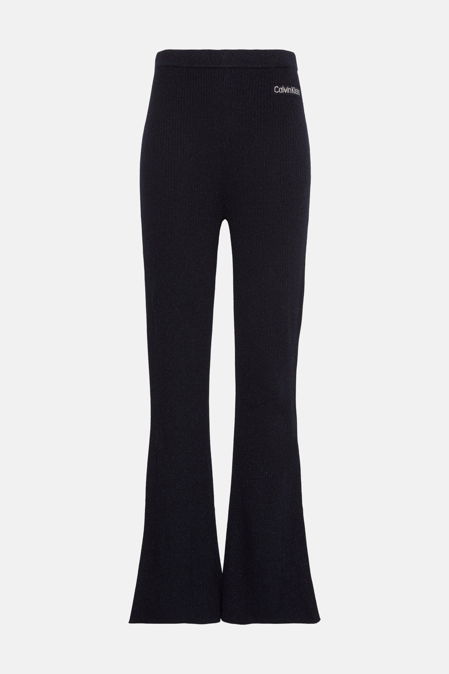 Pantalon bleu en maille côtelée de Calvin Klein, coupe évasée à la base.