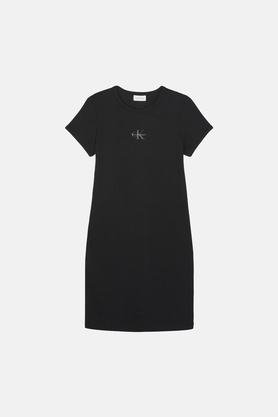Robe noire à manches courtes de Calvin Klein, avec logo discret sur la poitrine.