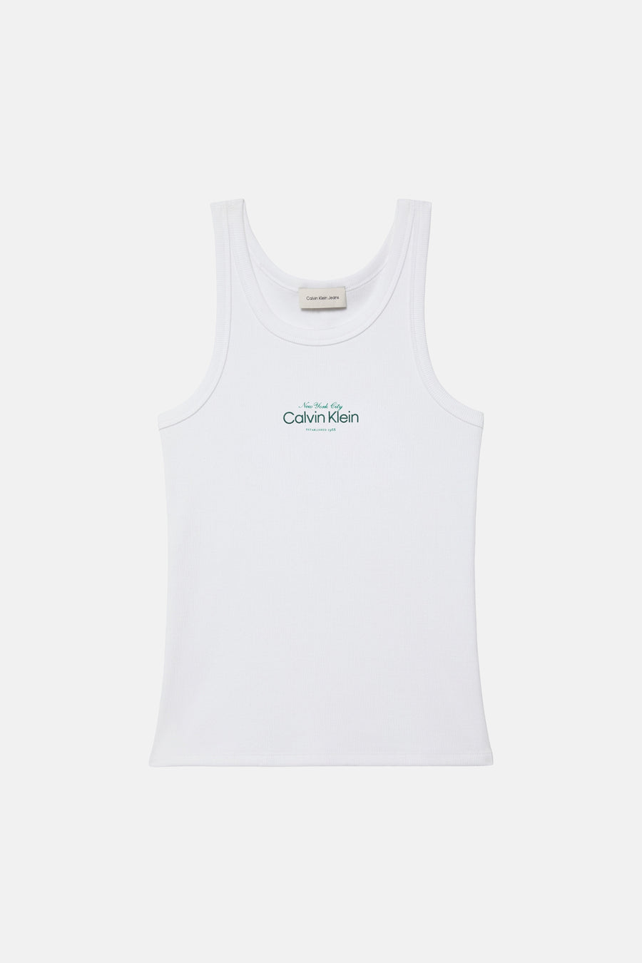 Witte Calvin Klein tanktop, van geribde stof met het logo op de voorkant gedrukt.