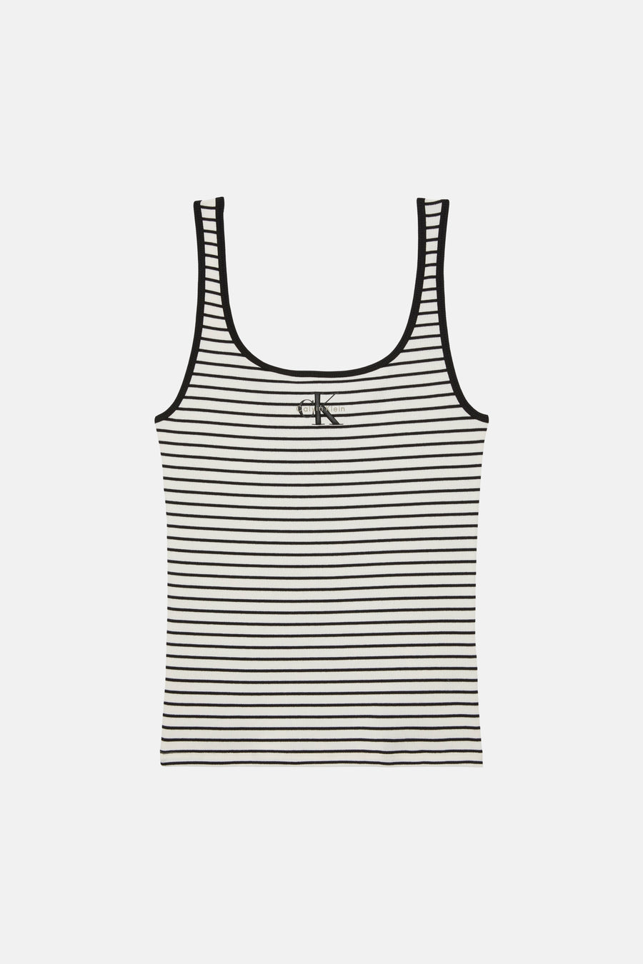Débardeur rayé noir et blanc de Calvin Klein, avec une encolure et des emmanchures noires.