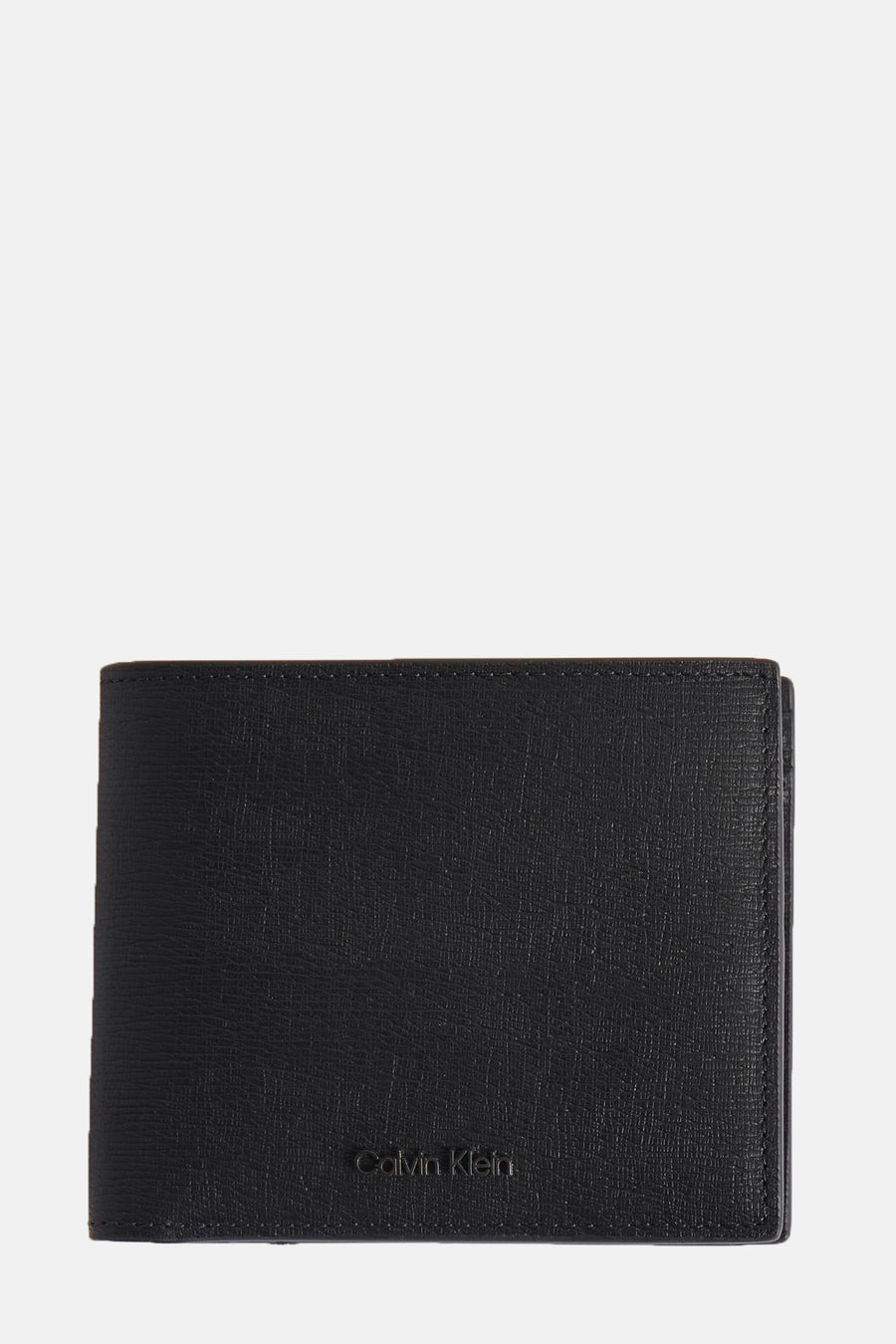 Zwarte Calvin Klein portemonnee met zichtbare korrelige textuur en merklogo onderaan.