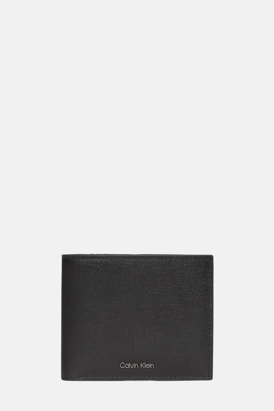 Portefeuille noir de Calvin Klein avec une texture grainée visible et logo de la marque en bas.