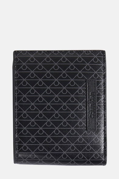 Portefeuille noir par Calvin Klein, motif géométrique subtil et étiquette logo discrète.