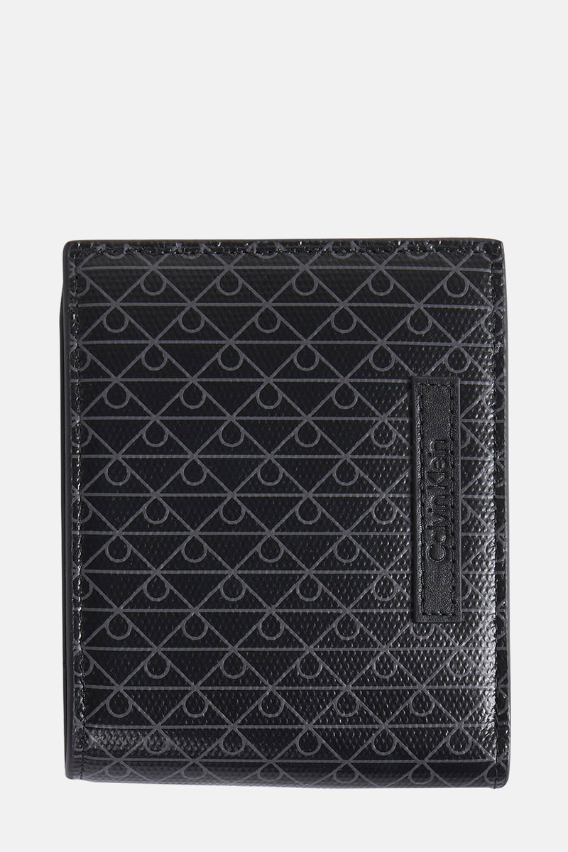 Portefeuille noir par Calvin Klein, motif géométrique subtil et étiquette logo discrète.