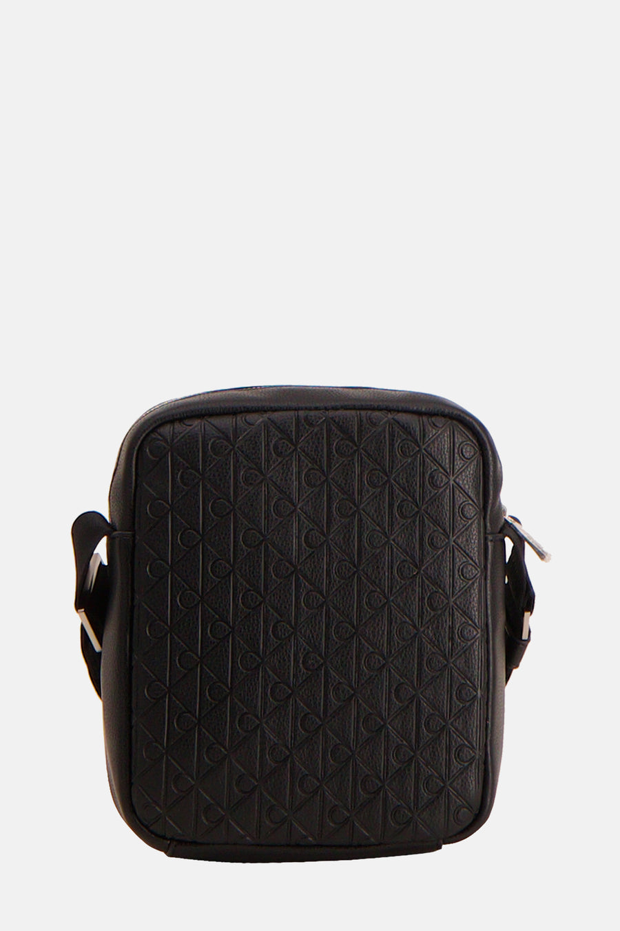 Sac à bandoulière noir de Calvin Klein avec un motif géométrique en relief sur toute la surface.