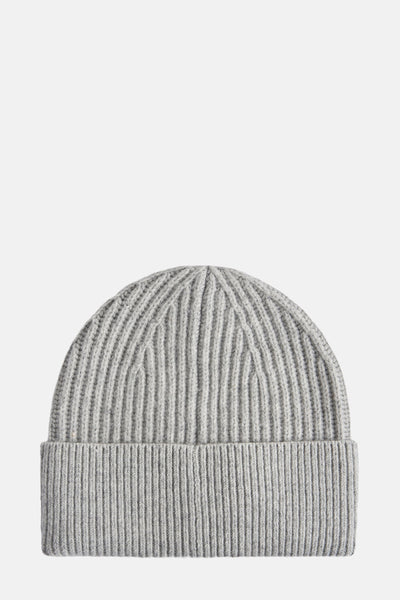 Grijs gemêleerde muts van Calvin Klein, in ribgebreid met een omgeslagen rand.