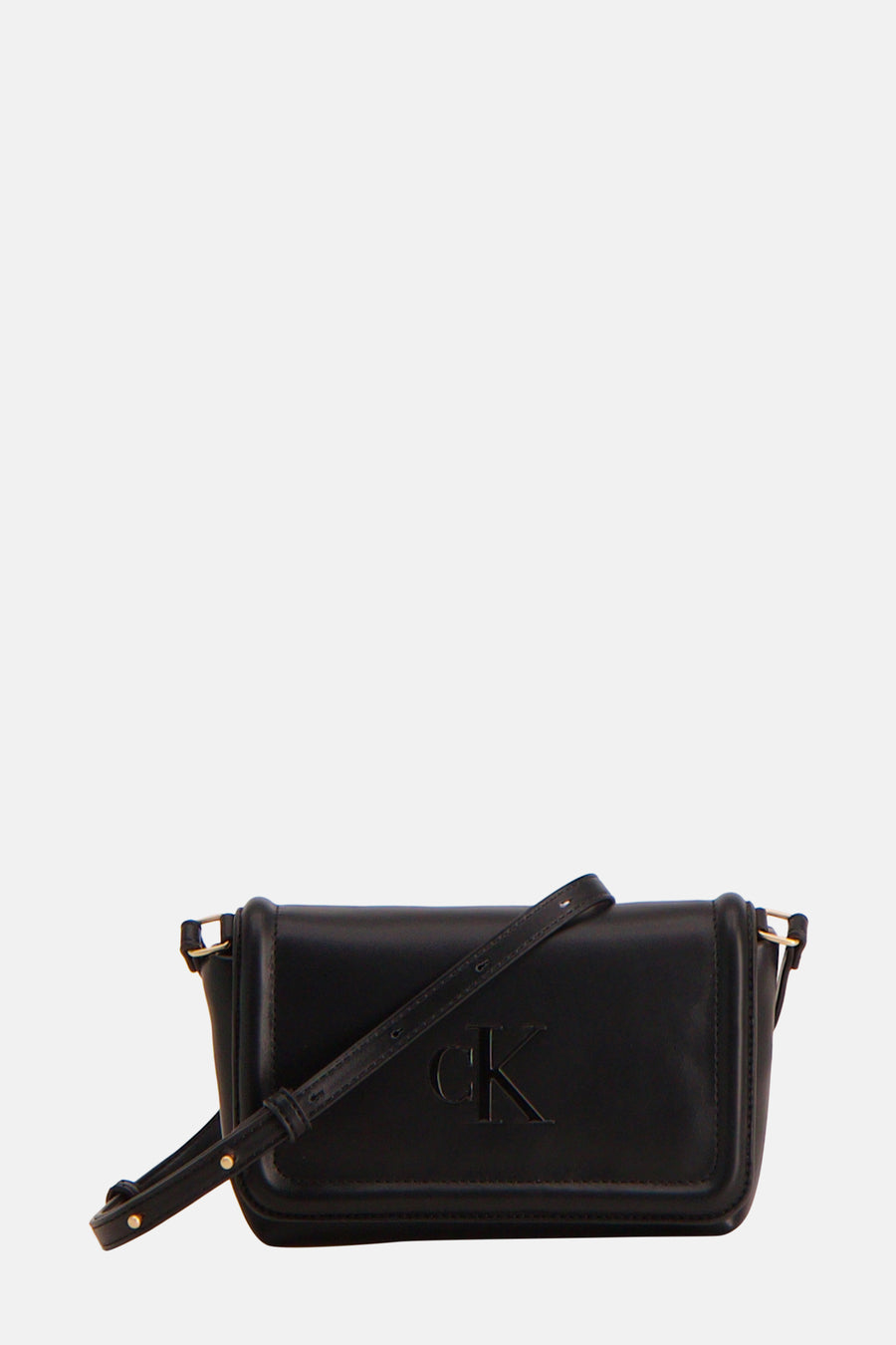 Zwarte Calvin Klein schoudertas met verstelbare schouderriem en ton-sur-ton logo.