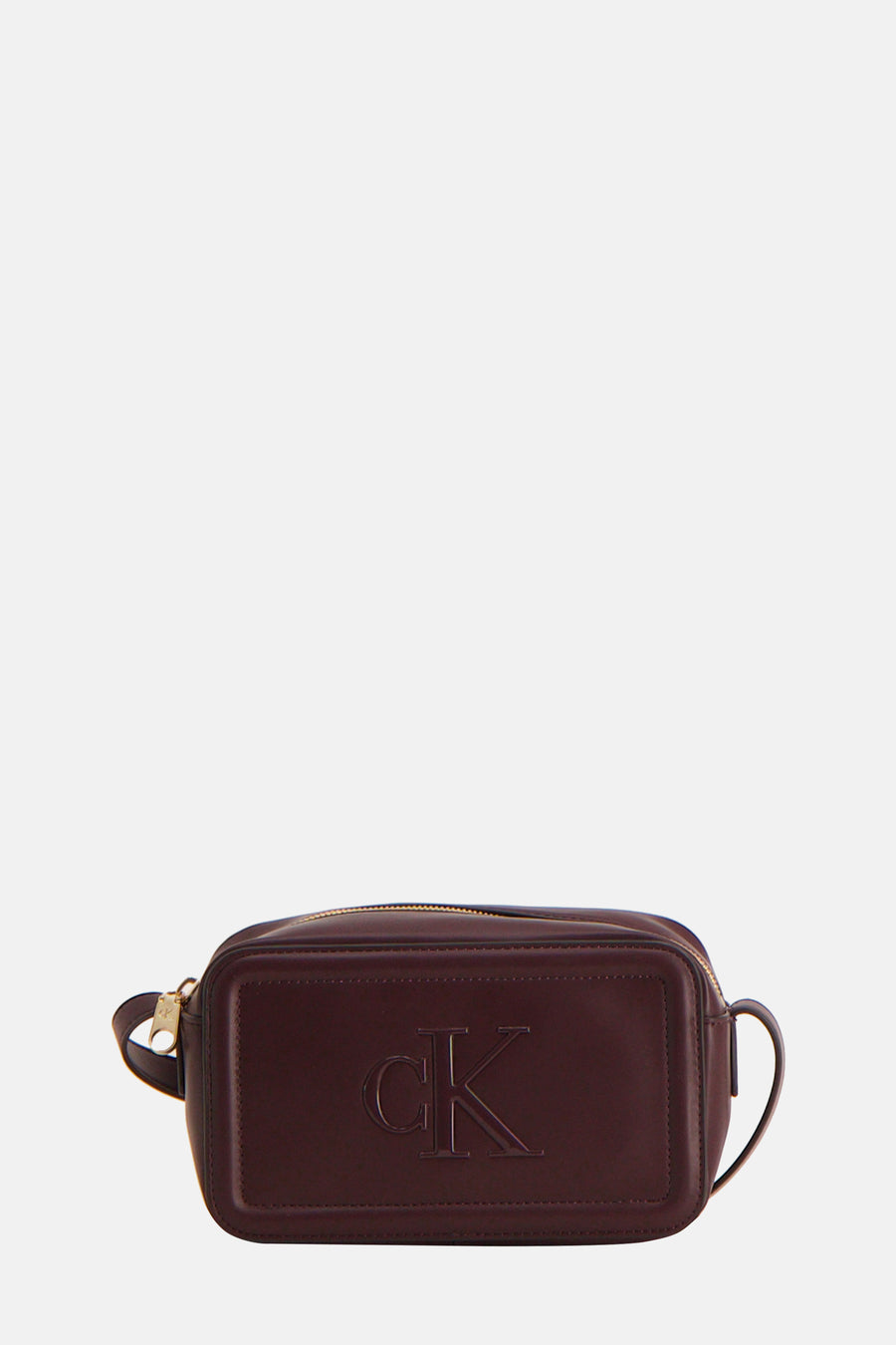 Sac à bandoulière bordeaux de Calvin Klein avec logo ton sur ton sur le devant.