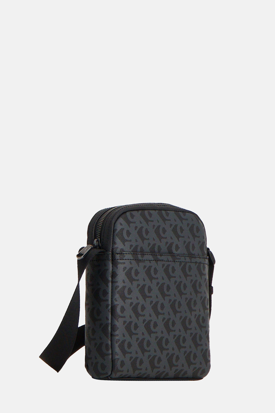 Grijze schoudertas van Calvin Klein, all-over monogrampatroon en zwarte schouderriem.