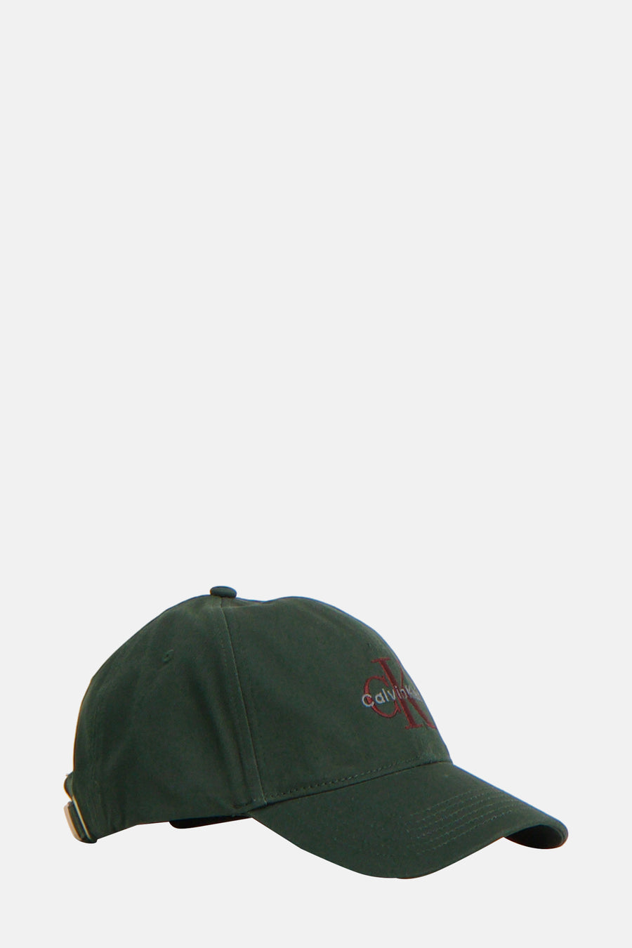 Casquette verte de Calvin Klein, avec logo bordeaux brodé sur le devant.